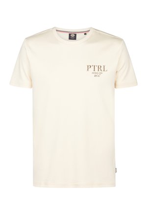 Cremfarbene Baumwoll-T-Shirt mit kurzen Ärmeln, Rundhalsausschnitt und einem Frontlogo in braunem Text. Weicher Stoff, lockere Passform.