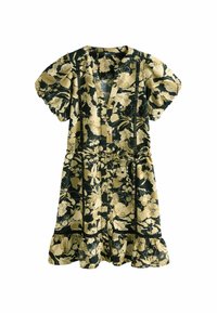 Robe fleurie noire et dorée, avec manches courtes bouffantes, col en V, taille à nouer et bordure à volants ; tissu léger avec un motif texturé.