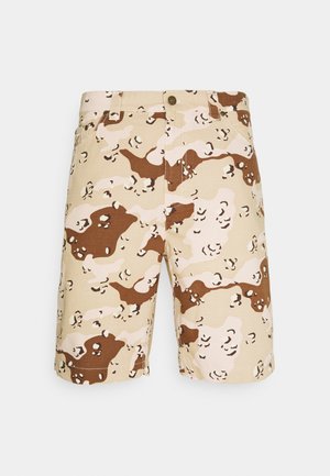 Beige and brown camouflage patterned knee-length shorts with belt loops, front button, and pocket details.