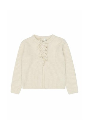 Cardigan tricoté couleur crème avec manches longues et nœuds décoratifs en tissu sur le centre devant.