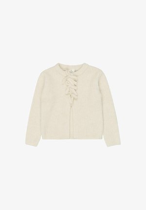 Cardigan tricoté couleur crème avec manches longues et nœuds décoratifs en tissu sur le centre devant.
