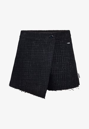 Gonna avvolgente nera con texture e bordi sfilacciati, realizzata in tessuto tessuto. Presenta una chiusura frontale a scatto e un'etichetta sul lato.