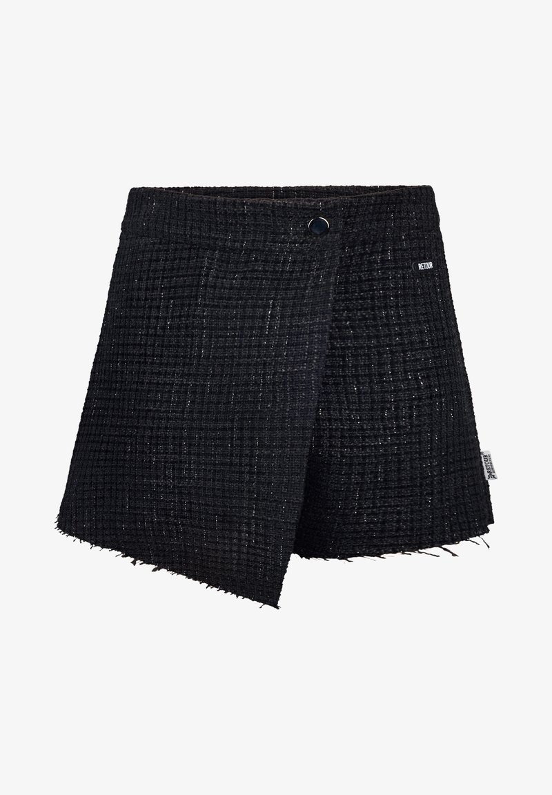 Gonna avvolgente nera con texture e bordi sfilacciati, realizzata in tessuto tessuto. Presenta una chiusura frontale a scatto e un'etichetta sul lato.