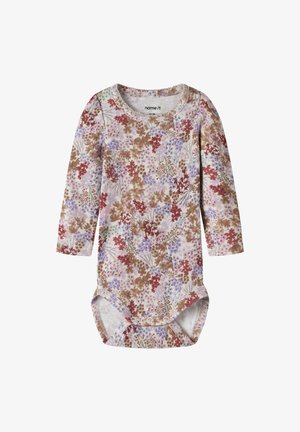 Body bébé à manches longues avec boutons-pression, présentant un motif floral aux tons marron, rouge, violet et rose sur un fond clair.