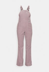 Kopparcordoverall i ljus mauve, med vida ben, justerbara axelband och framfickor med en subtil ribbad textur.