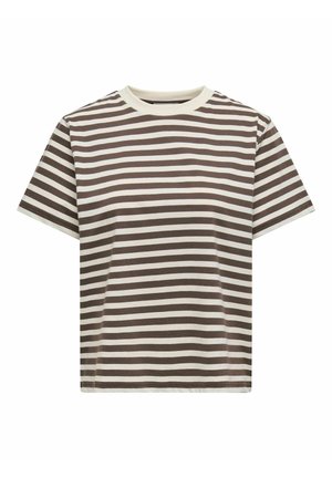 Korte mouw t-shirt met ronde hals en horizontale bruine en witte strepen, plat liggend op een witte achtergrond.