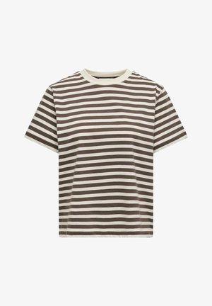 Korte mouw t-shirt met ronde hals en horizontale bruine en witte strepen, plat liggend op een witte achtergrond.