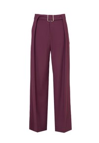 Pantaloni a gamba larga in un tessuto bordeaux profondo, con una parte anteriore piatta, passanti per la cintura e un dettaglio in metallo con fibbia in vita.