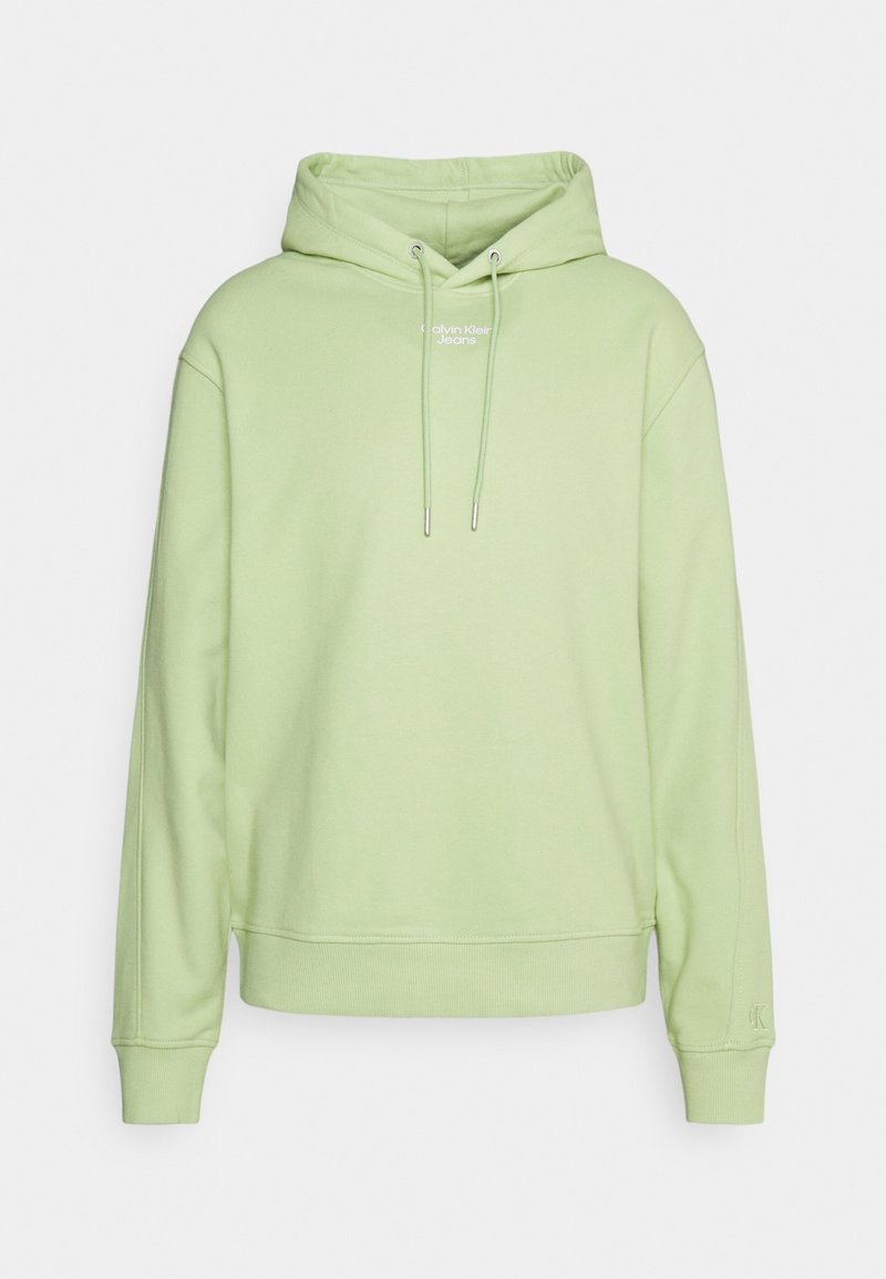 Sweat à capuche vert clair avec cordons sur le devant et petit logo blanc "Calvin Klein Jeans" sur la poitrine.