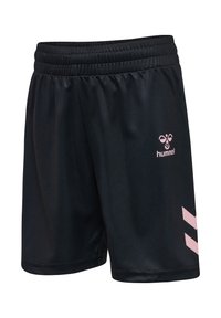 Shorts de sport noirs avec une ceinture élastique, logo hummel rose clair sur l'avant droit et deux chevrons roses sur la partie inférieure de la jambe droite.