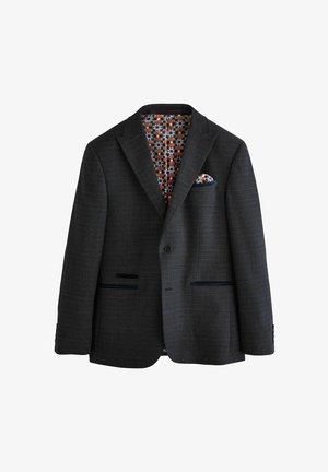 Dunkelgrauer Blazer aus strukturiertem Material, mit einem gemusterten orangen Innenfutter und einer passenden Taschenquadrat. Zwei Fronttaschen und ein einzelner Knopf.