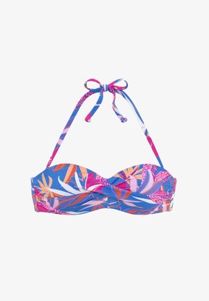 Bikinioberteil in Blau mit einem mehrfarbigen Blumenmuster. Verfügt über gebundene Träger und plissierte Details auf der Vorderseite. Das Material wirkt glatt und elastisch.