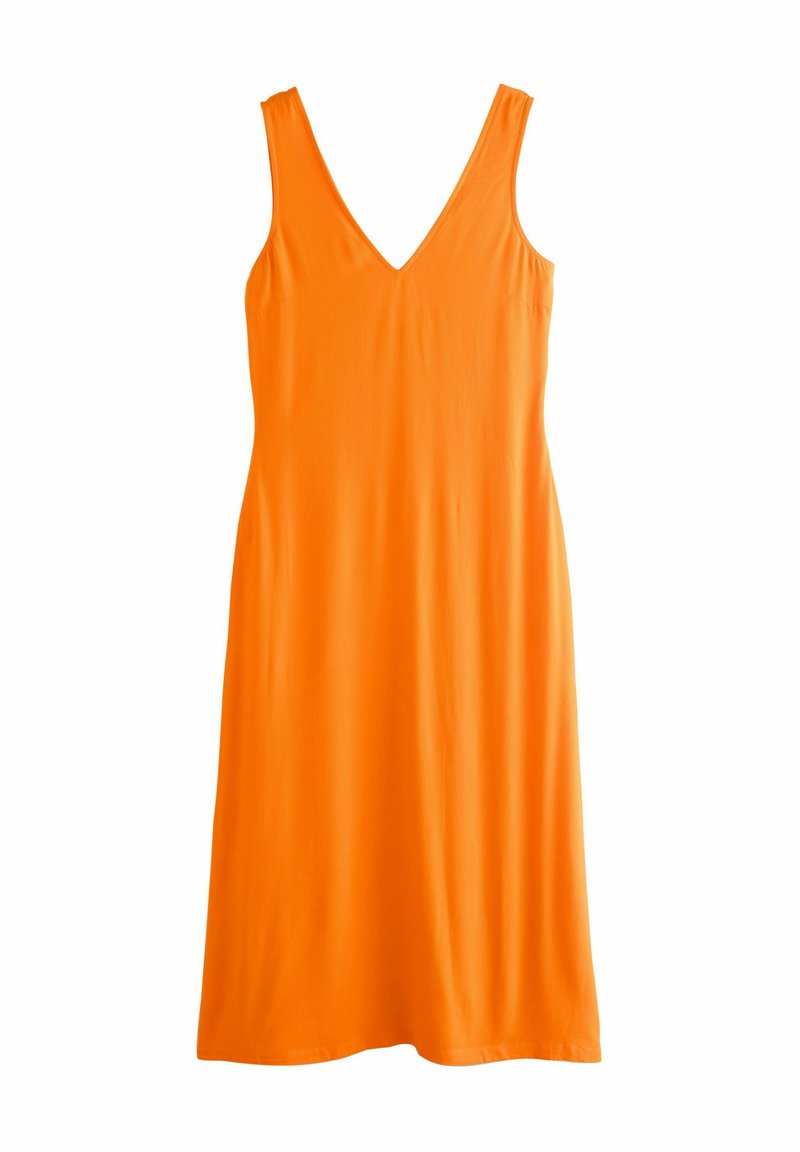 Orange ärmelloses Kleid aus glattem Stoff mit V-Ausschnitt und lockerer Passform, mit knieumspielendem Saum und ohne sichtbare Muster.