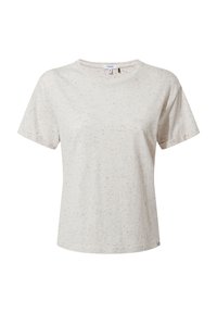 Light beige short-sleeve t-shirt with a round neckline, featuring a speckled pattern of colors including red, blue, and black. Soft fabric texture.