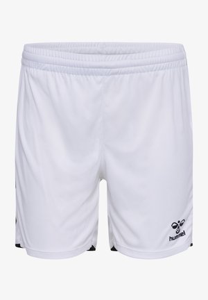 Białe sportowe szorty z elastycznym pasem i małym czarnym logo Hummel na dolnej prawej nogawce.