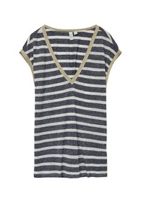 T-shirt à rayures à manches courtes en bleu marine et blanc avec une bordure dorée le long du col en V. Tissu doux avec une coupe décontractée.