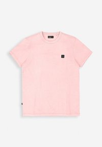 Roze t-shirt met korte mouwen, gemaakt van zachte stof, met een klein zwart logopatch op de borst en een ribgebreide ronde hals.
