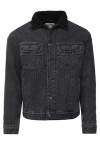 Black denim jacket with a black faux shearling collar, two chest pockets, button closure, and classic stitched detailing on the front.