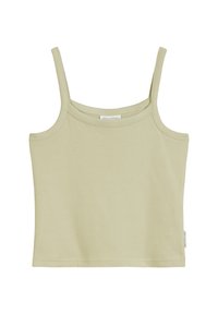 Green ribbed camisole with thin straps and a straight neckline. Made of soft, stretchy fabric. Features a small logo tag at the hem.