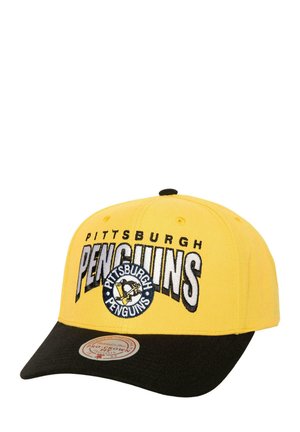 Gelbe Baseballmütze mit schwarzem Schirm, mit gesticktem "Pittsburgh Penguins"-Text und Logo auf der Vorderseite. Strukturierter Stoff, verstellbarer Riemen.