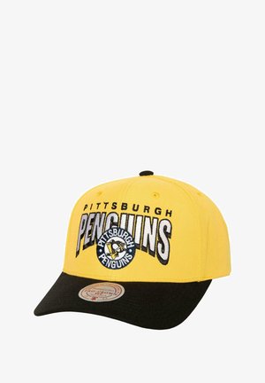 Yellow baseball cap with black bill, featuring embroidered "Pittsburgh Penguins" text and logo on the front. Textured fabric, adjustable strap.