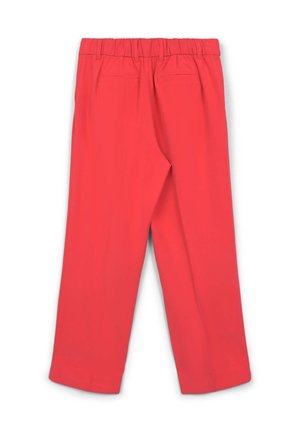 Pantalon léger rouge avec une taille élastique et deux poches arrière. Coupe droite avec une finition nette aux ourlets.