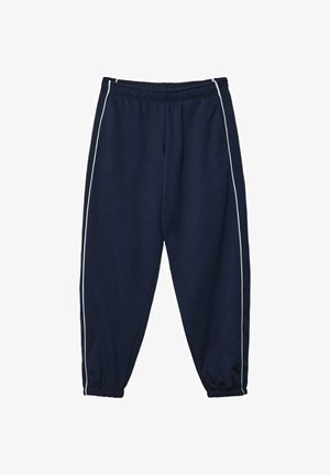Marineblauwe joggingbroeken met elastische tailleband en boorden, met witte zijstrepen. Gemaakt van zachte stof, ontworpen voor comfort.
