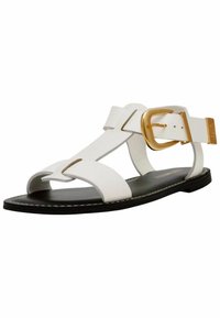Sandali bianchi in pelle con punta aperta, dotati di una grande fibbia dorata e suola nera. Le cinghie formano un design a 'X' per una vestibilità sicura.