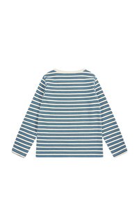 Camicia a maniche lunghe con righe orizzontali blu e bianche, scollo rotondo e polsini a costine, realizzata in morbido cotone.
