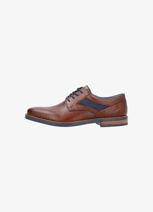 Chaussure en cuir brun avec des accents en tissu bleu marine, bout rond et design à lacets. Présente un talon texturé en bois contrastant et une semelle en caoutchouc.