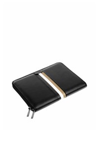 Étui pour tablette en cuir noir avec fermeture éclair, rayures verticales blanches et beige, et doubles curseurs argentés.