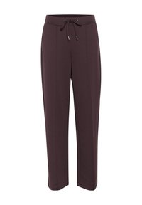 Pantaloni della tuta marrone scuro con vita regolabile, tasche laterali e vestibilità rilassata. Tessuto morbido con una texture liscia e design a gamba dritta.