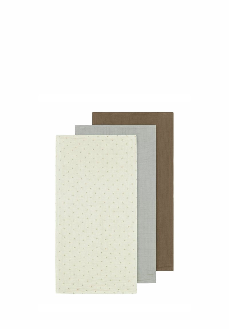 Drei Baumwollspültücher: eines in Creme mit kleinen goldenen Sternen, eines in Hellgrau und eines in Dunkelbraun. Alle sind rechteckig mit einer strukturierten Oberfläche.