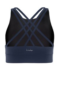 Navy bluwe sportbeha met doorschijnende dubbele banden en zwarte voering, met een brede band en het 'Winshape' logo op de achterkant.