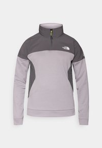 Pullover sweatshirt in light purple and dark gray, with a quarter zip, high collar, and breathable mesh panels on the sides. Logo on chest.