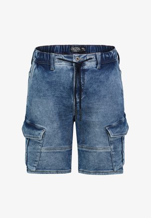 Denim cargo shorts in faded blue with an elastic waistband, drawstring closure, and multiple side pockets. Flat front design.