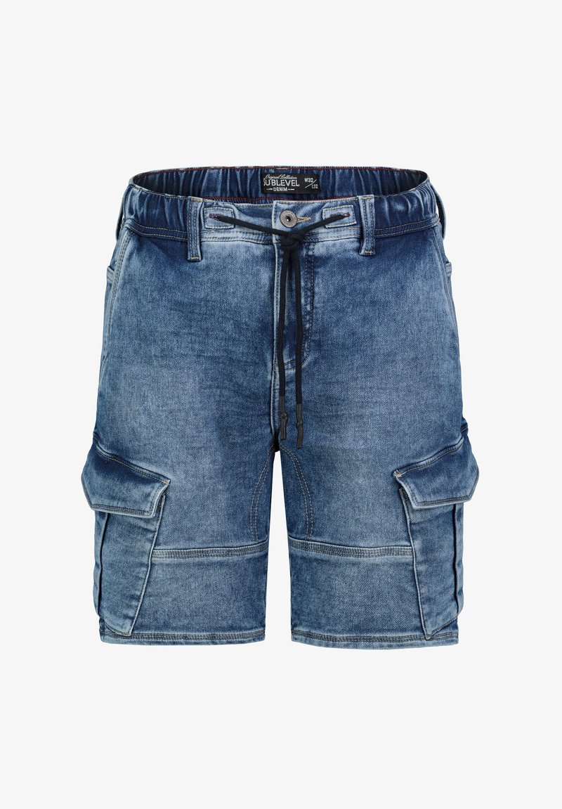 Denim-Cargo-Shorts in verblaasstem Blau mit elastischem Bund, Kordelzugverschluss und mehreren Seitentaschen. Flaches Frontdesign.