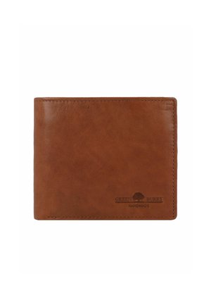Braune Lederbörse mit glatter Oberfläche, bi-fold Design, geprägtem Logo und sichtbaren Nähten entlang der Kanten.