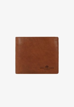 Braune Lederbörse mit glatter Oberfläche, bi-fold Design, geprägtem Logo und sichtbaren Nähten entlang der Kanten.