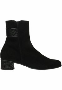 Stivale alla caviglia in suede nero con una fascia testurizzata nera e un tacco quadrato. Finitura liscia con una silhouette aderente.