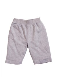 Pantaloni corti in cotone grigi con vita elasticizzata, lunghezza fino alla metà della coscia, tessuto liscio, senza motivi visibili o componenti in metallo.