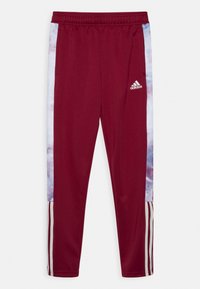 Maroon athletic pants with elastic waistband, side pockets, and cloud-patterned light blue accents. Features white three-stripe logo on the side.