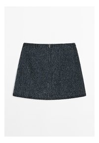 Mörkblå, texturerad minikjol med subtila metalltrådar och dragkedja i ryggen, liggande platt på en vit bakgrund.