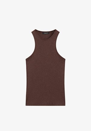 Débardeur marron sans manches avec un col haut et de larges bretelles, étalé à plat montrant le devant et l'étiquette à l'intérieur du col.