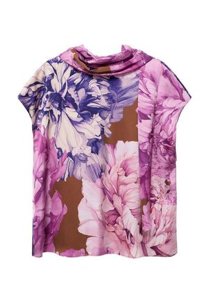 Short-sleeve blouse with large pink and purple floral print and a loose cowl neckline on a brown background.