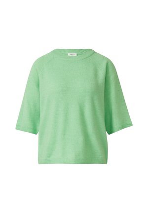 Miętowo-zielony krótki sweter z dzianiny o okrągłym dekolcie, z prążkowanymi mankietami i dołem, ułożony płasko na białym tle.