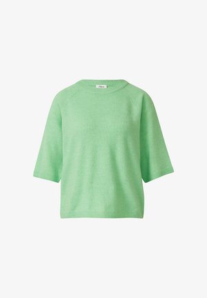 Mintroheline lühikeste varrukatega kootud kampsun ümarkaelusega ja soonikkoes mansettide ning äärega, asetatud valgele taustale.