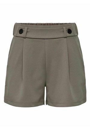 High waist olijfgroene shorts met een brede tailleband, twee zwarte knopen en plooien aan de voorkant.