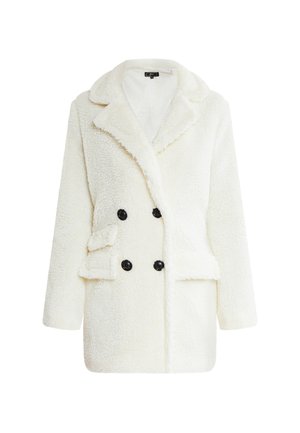 Dubbelknoop jas in zacht wit fauxbont met een gesneden kraag, zwarte knopen en zijzakken. Gezellige textuur en losse silhouet.