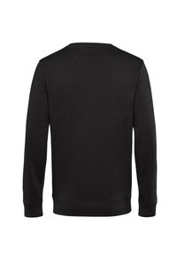 Felpa nera, colletto rotondo, maniche lunghe, realizzata in tessuto liscio, con polsini e orlo a costine, di colore uniforme, senza motivi o grafiche.